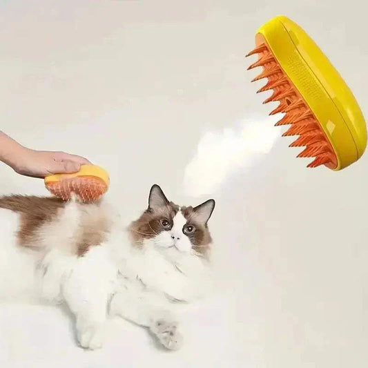 Pet steam brush for grooming cats and dogs, featuring soft bristles and durable ABS material.