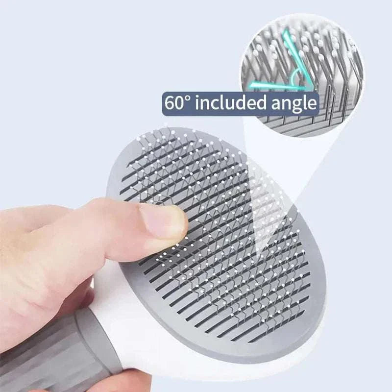 Self cleaning pet grooming tool with stainless steel bristles for cats and dogs, featuring a 60-degree angle design for easy cleaning and reduced shedding.