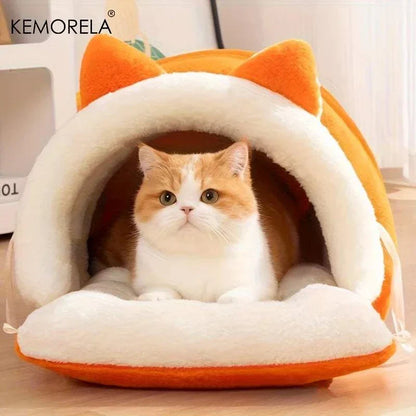 KEMORELA cat ear cat igloo bed with soft plush interior and convertible design for cozy cat comfort
