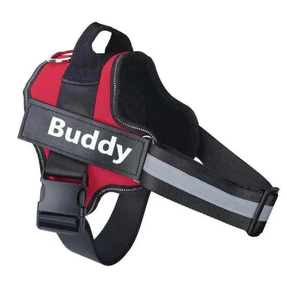 Personalised no-pull reflective dog harness with ID patch, adjustable straps, and safety features.