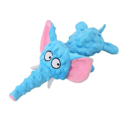 Blue elephant-shaped no stuffing dog toy with squeaky and crinkle features.
