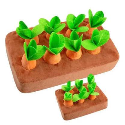 Interactive carrot plush snuffle mat dog toy for foraging and chewing.