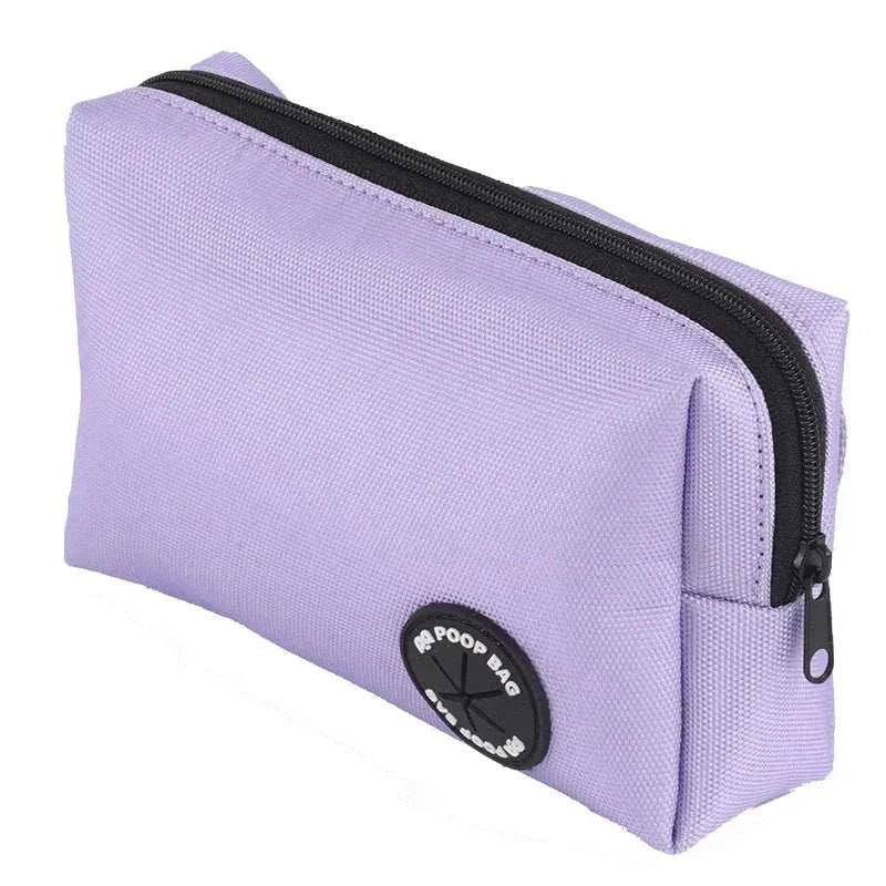 Light purple poop bag dispenser pouch with zipper for reflective dog bungee leash system