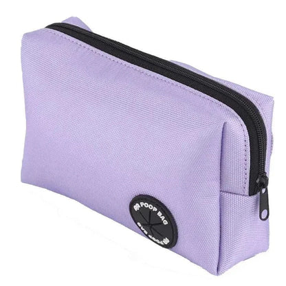Light purple poop bag dispenser pouch with zipper for reflective dog bungee leash system