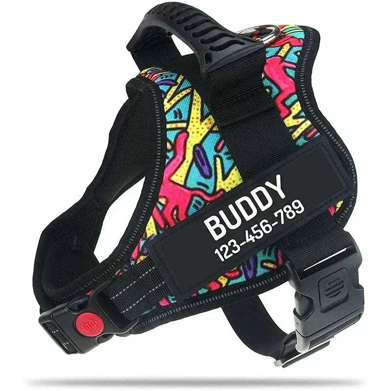 Personalised no-pull reflective dog harness with vibrant colorful pattern and custom ID patch for safety and comfort