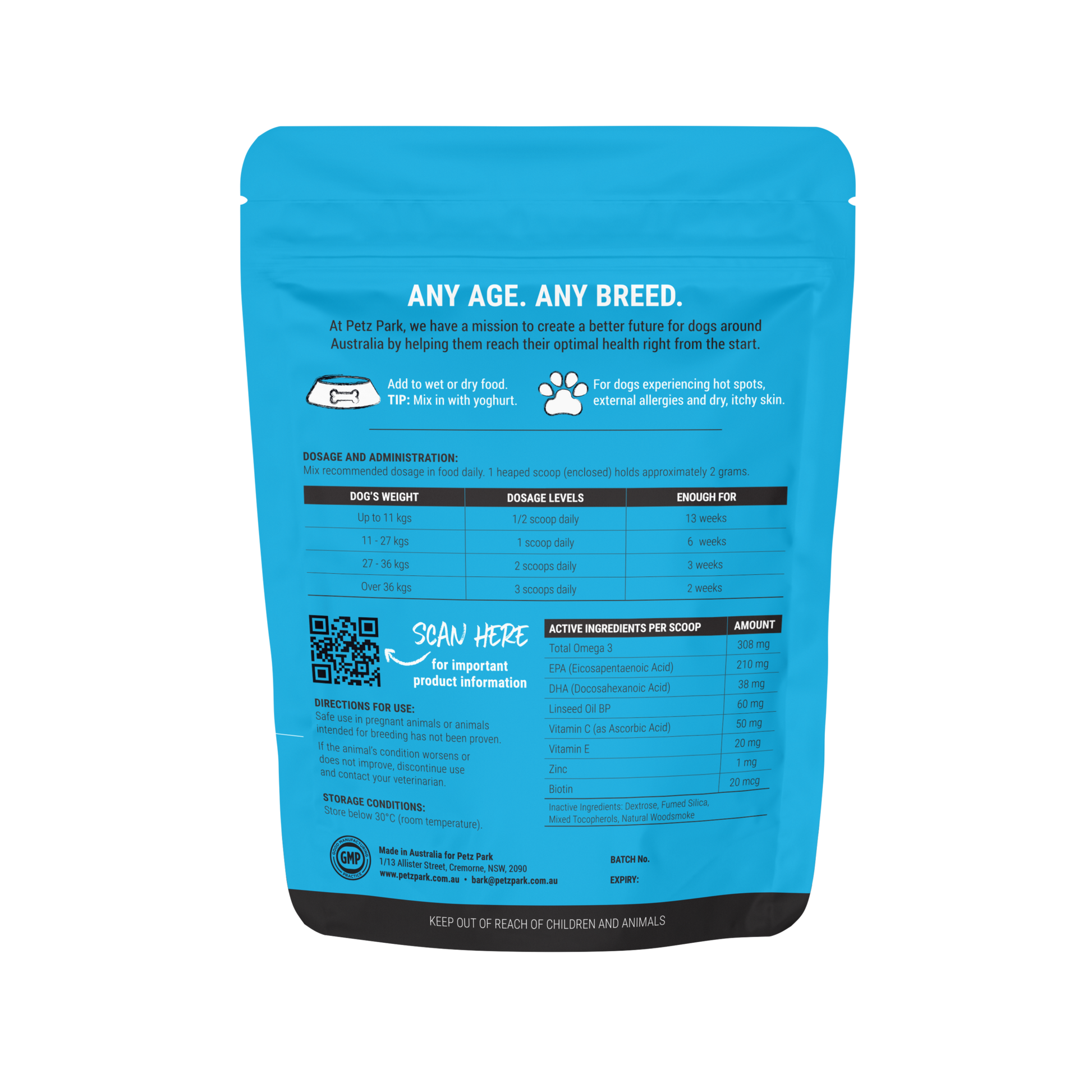 Blue resealable pouch of PetzPark Skin + Coat dog supplement with dosage instructions and ingredients on back label
