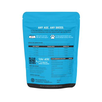 Blue resealable pouch of PetzPark Skin + Coat dog supplement with dosage instructions and ingredients on back label