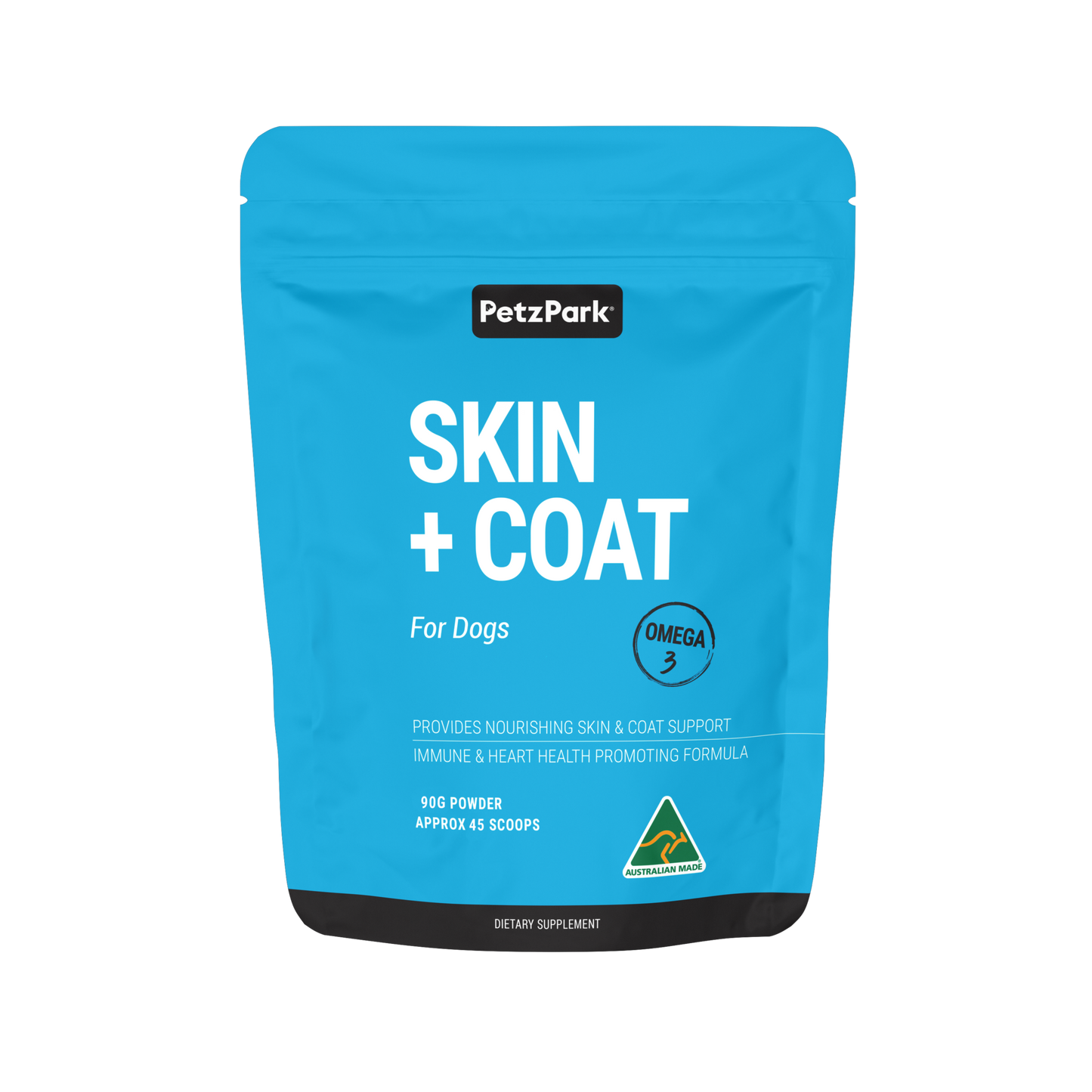 PetzPark Skin + Coat powder for dogs with Omega-3, Vitamin E, Zinc, and Biotin to support healthy skin and shiny coat.