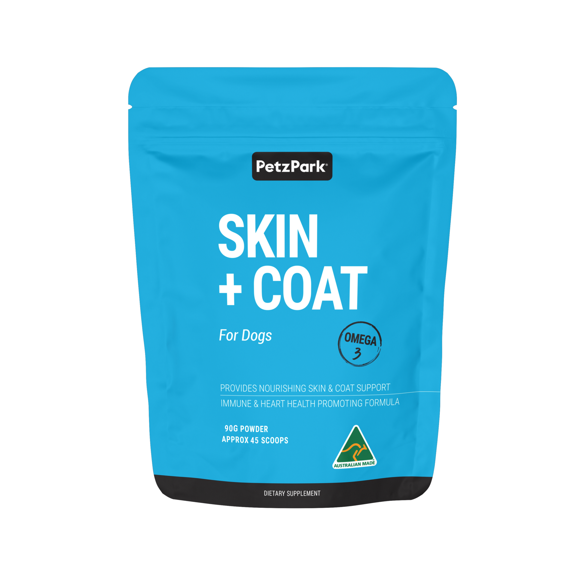 PetzPark Skin + Coat powder for dogs with Omega-3, Vitamin E, Zinc, and Biotin to support healthy skin and shiny coat.
