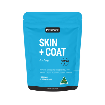 PetzPark Skin + Coat powder for dogs with Omega-3, Vitamin E, Zinc, and Biotin to support healthy skin and shiny coat.