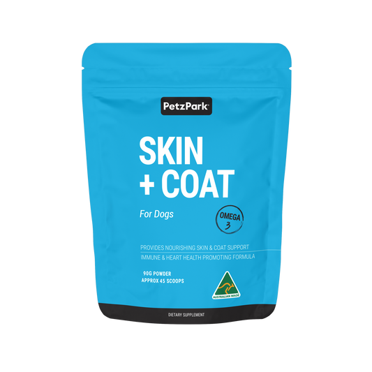 PetzPark Skin + Coat powder for dogs with Omega-3, Vitamin E, Zinc, and Biotin to support healthy skin and shiny coat.