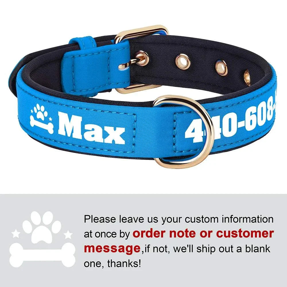 Soft padded PU leather dog collar in blue with customizable name and phone number.
