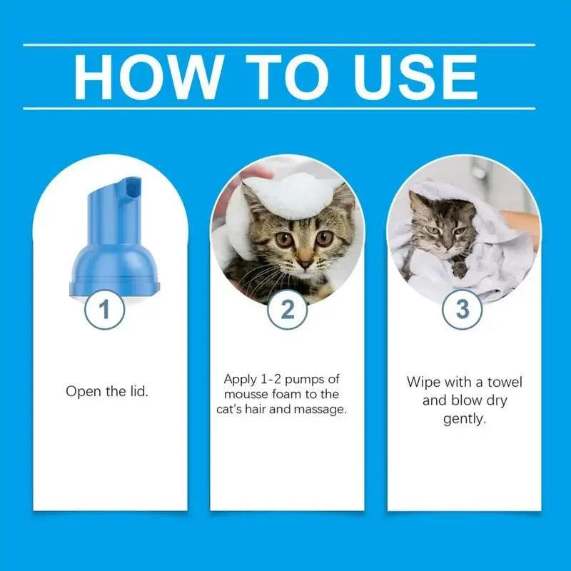 How to use dry shampoo for cats and dogs guide showing steps: open lid, apply foam, wipe with towel.