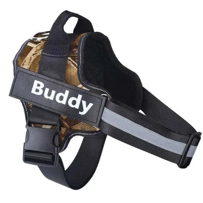 No-pull reflective dog harness with personalized ID patch and adjustable straps for comfort and safety.