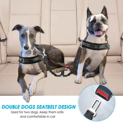 Double Dog Seatbelt Adjustable Vehicle Safety Leash with Elastic Bungee Buffer, Reflective No Tangle Y Shape