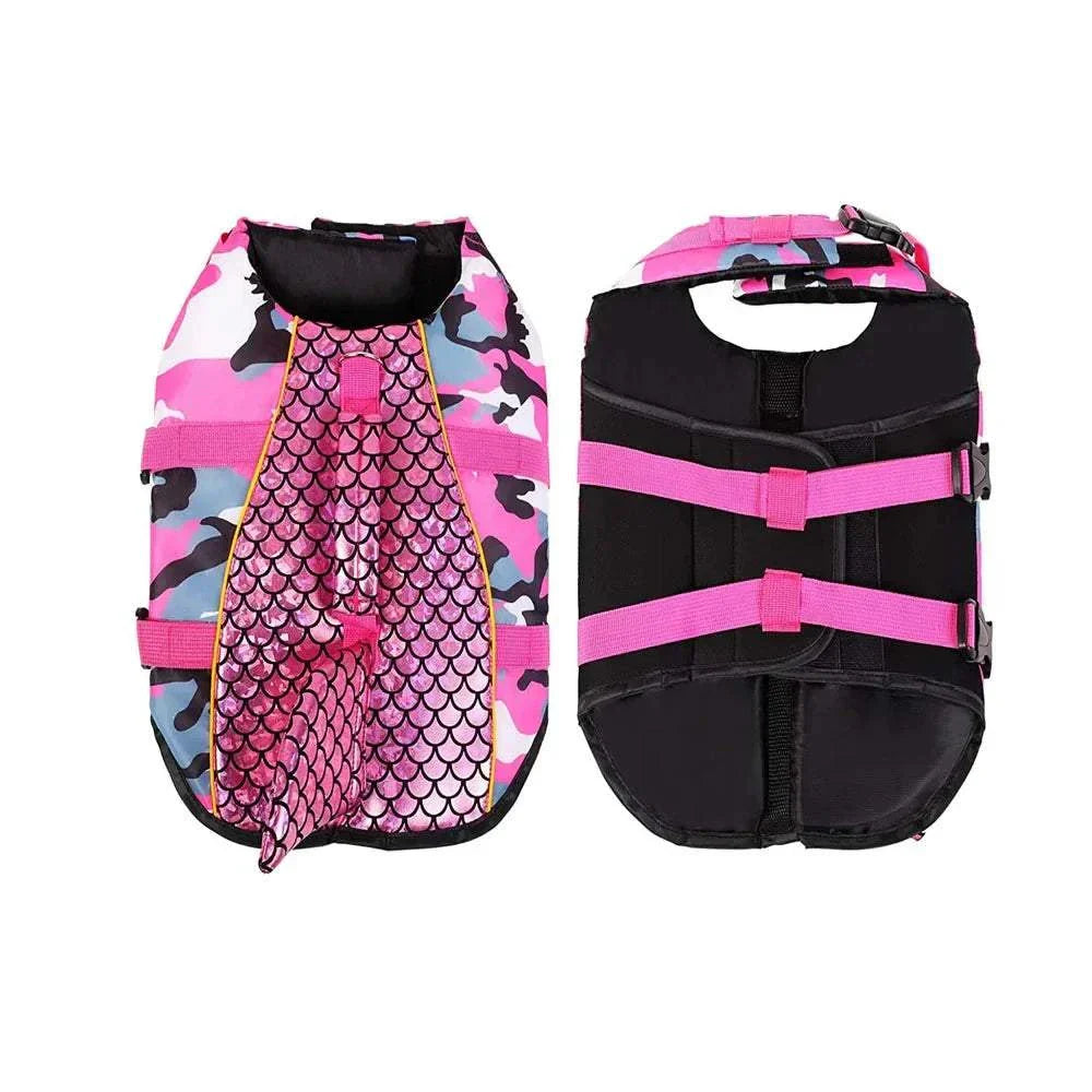 Pink camouflage shark dog life jacket swim vest with adjustable straps and fin design.