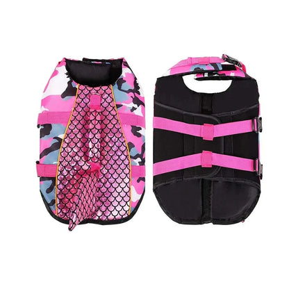 Pink camouflage shark dog life jacket swim vest with adjustable straps and fin design.