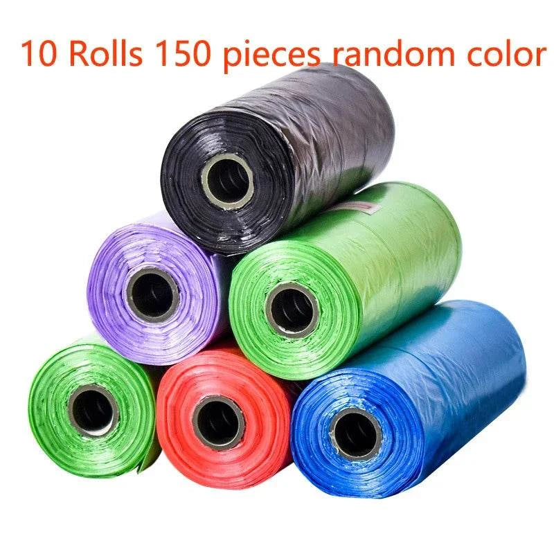 10 rolls of pet waste bags in random colors.