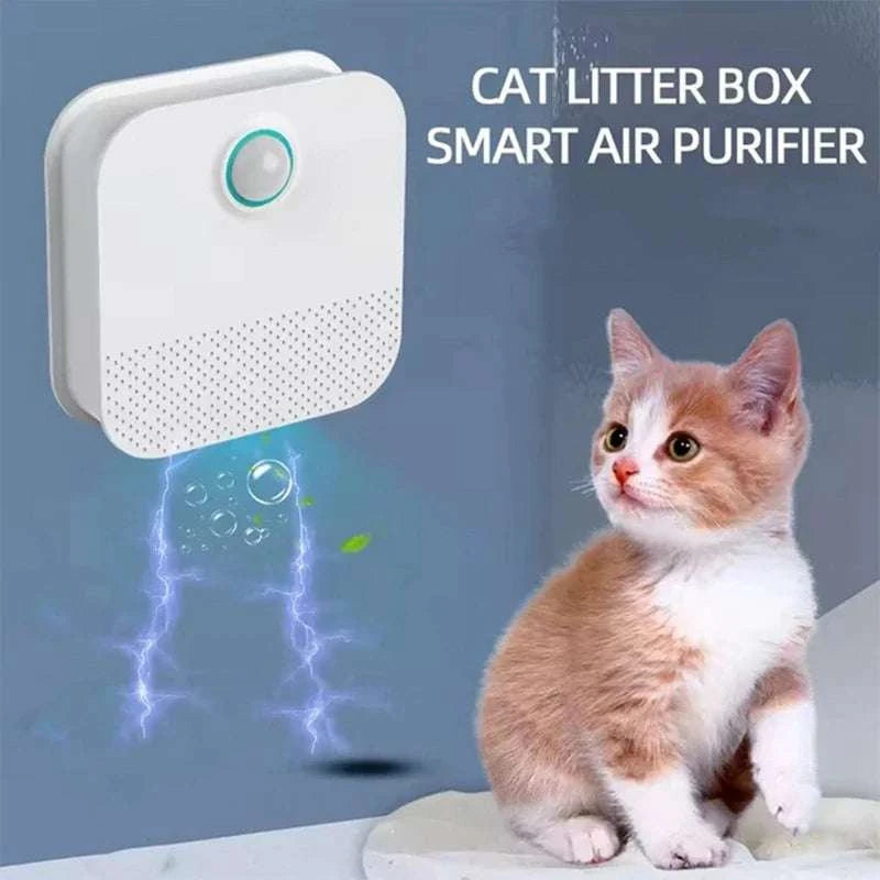 Smart Odor Purifier for pets with cat, ideal for eliminating litter box smells.