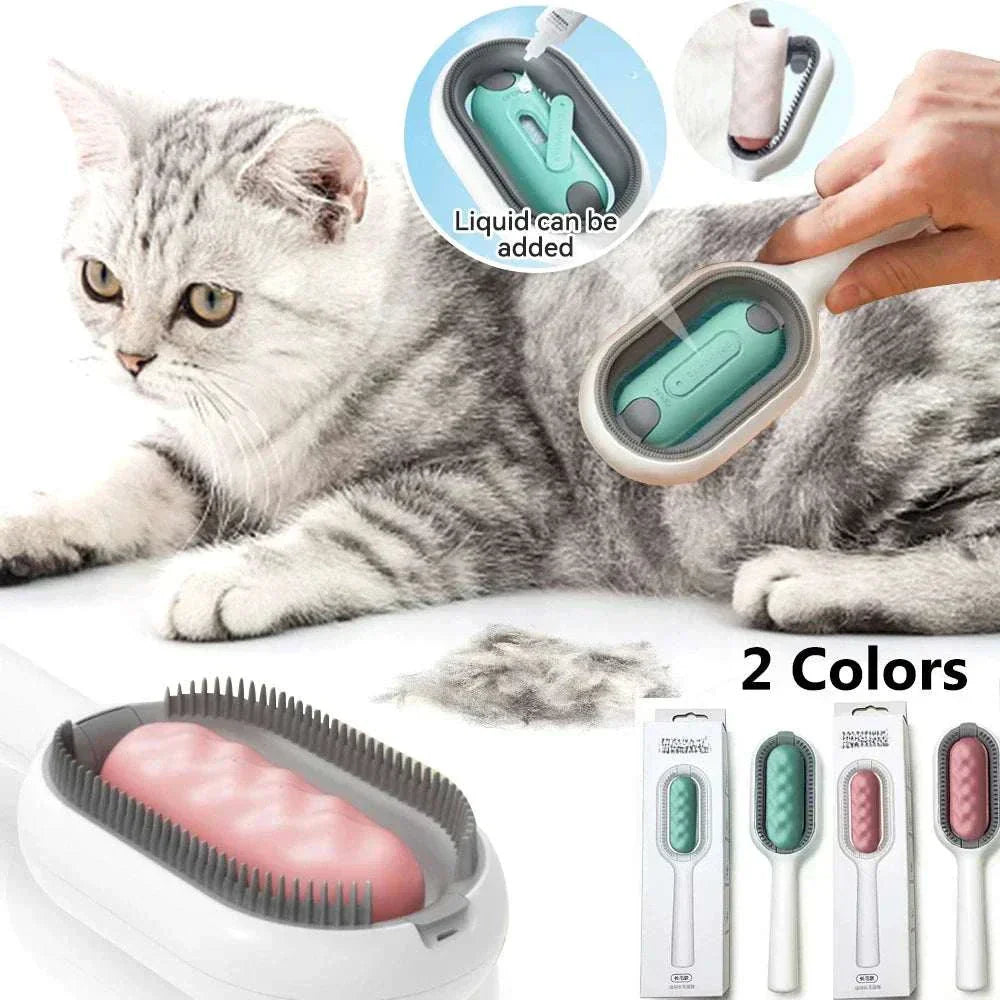 Pet grooming tool for hair removal and massage, featuring liquid reservoir, shown with cat.