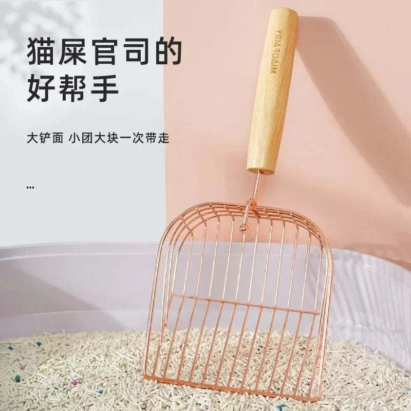 Metal cat litter shovel with wooden handle, Tofu Bentonite stainless steel design.