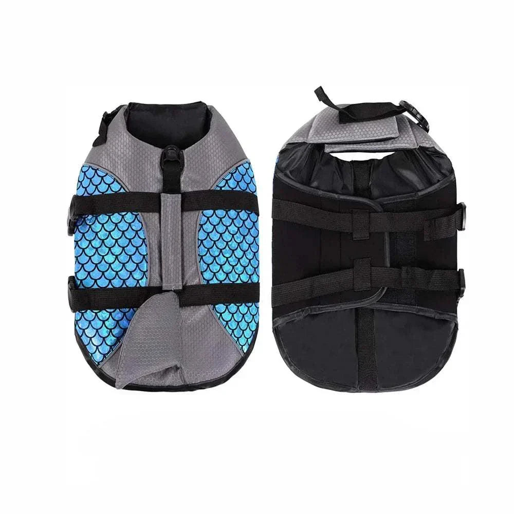 Shark dog life jacket swim vest with adjustable straps and buoyant foam for water safety and comfort.
