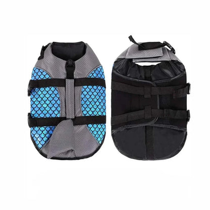 Shark dog life jacket swim vest with adjustable straps and buoyant foam for water safety and comfort.