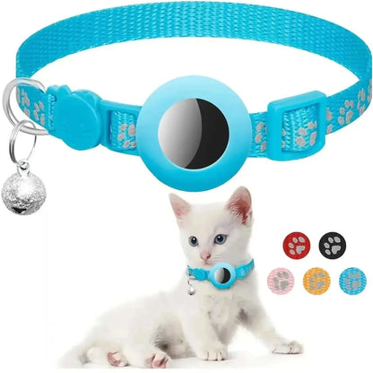 Adjustable blue breakaway cat collar with Airtag holder and bell on white kitten