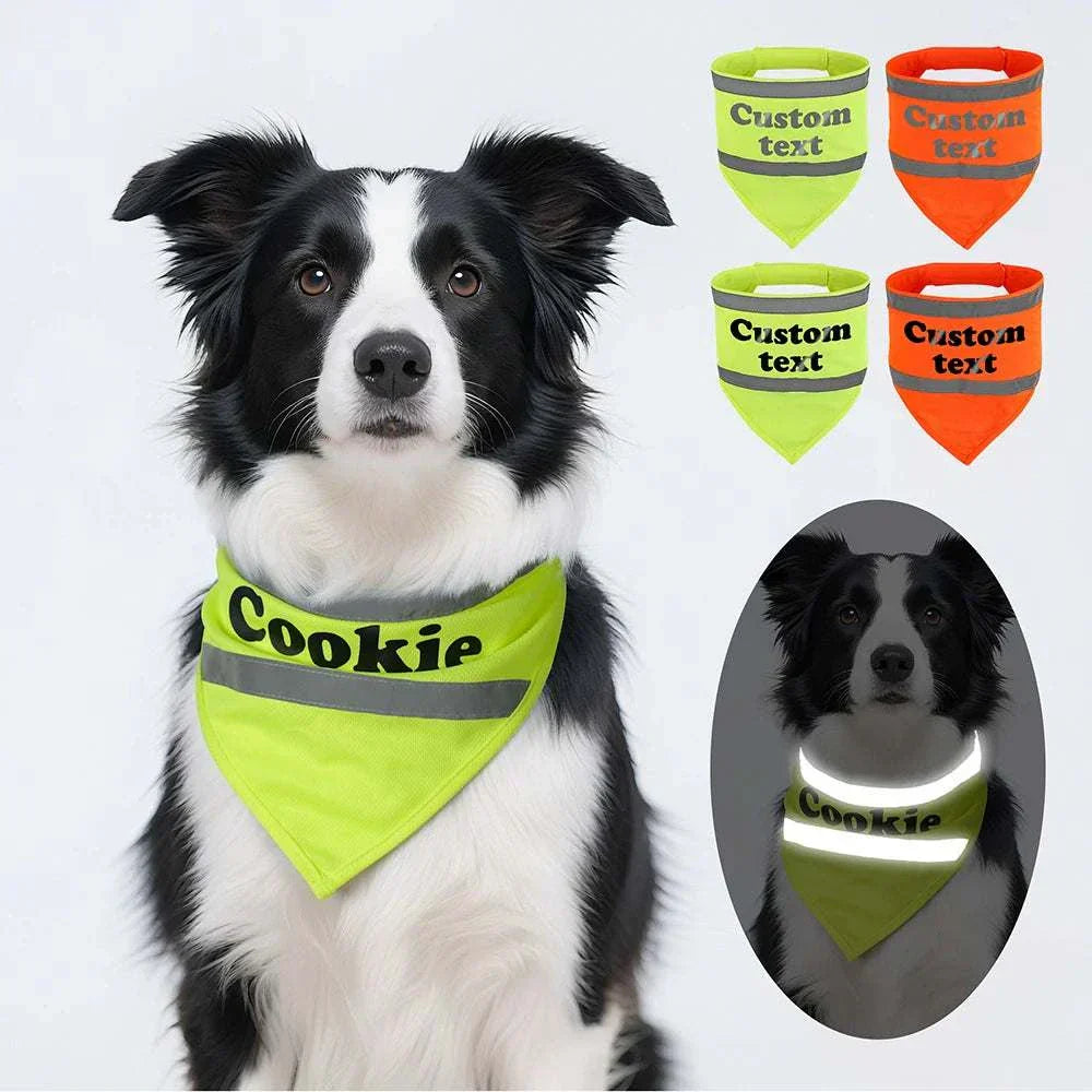 Personalised reflective dog safety bandana in cotton with custom name print for visibility and comfort during walks