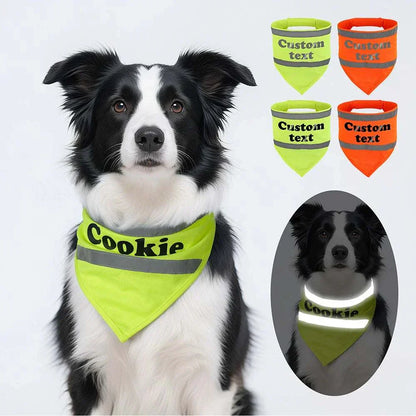 Personalised reflective dog safety bandana in cotton with custom name print for visibility and comfort during walks