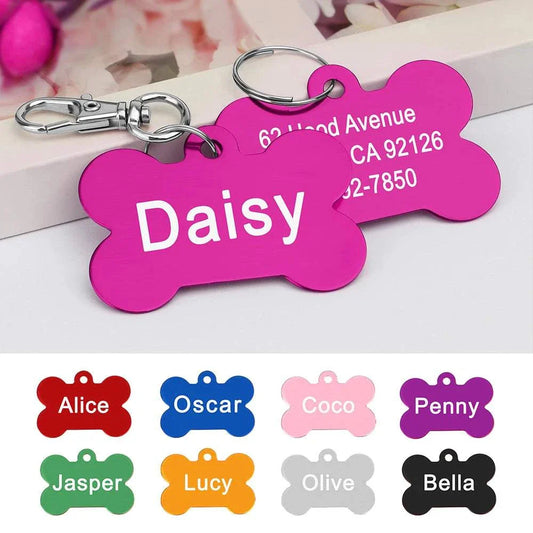 Bone-shaped pet ID tags with personalized engraving for dogs and cats.