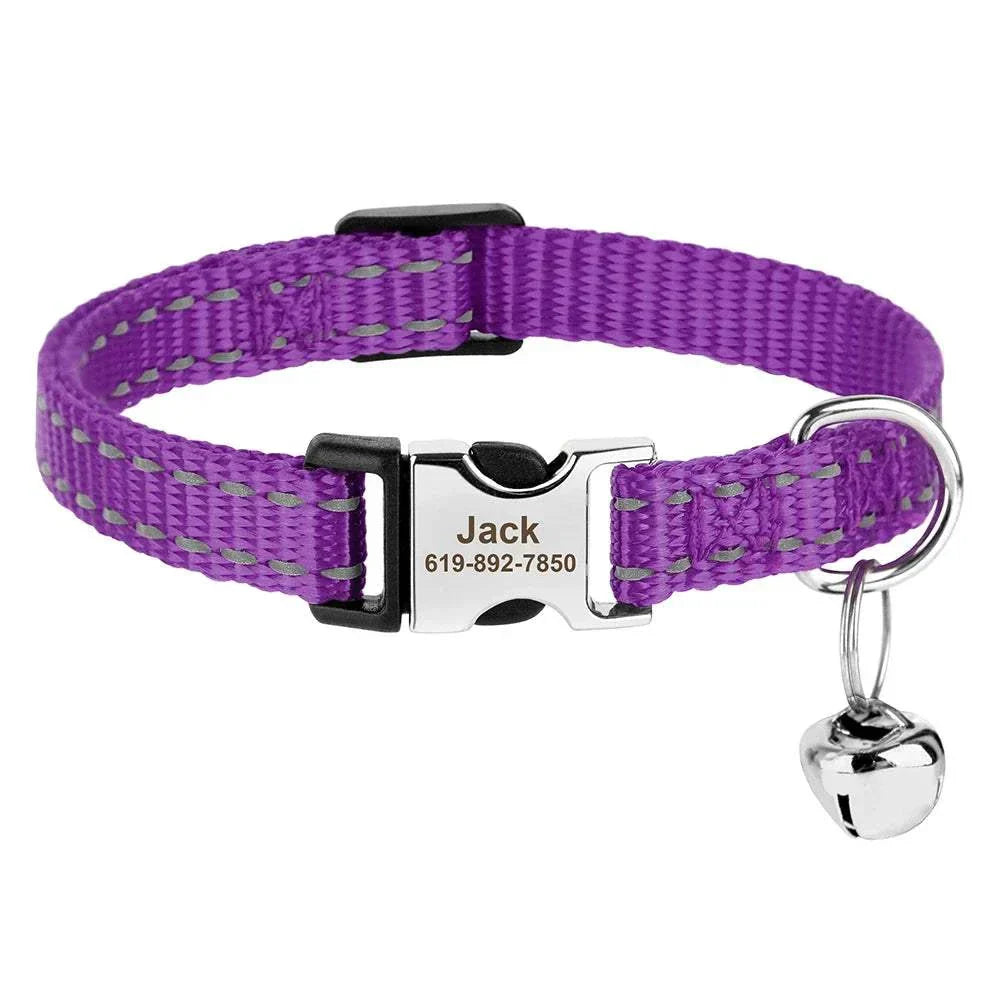 Personalised adjustable cat collar with custom ID nameplate and bell.