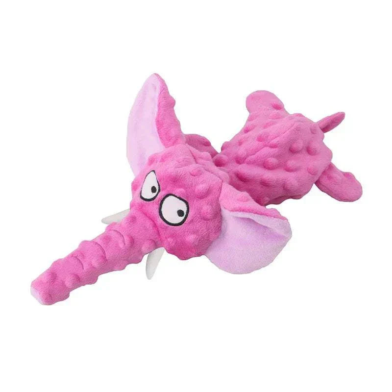 Pink elephant no stuffing squeaky crinkle plush dog toy.