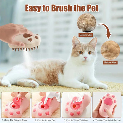 3in1 Cute Pet Paw Steam Brush for grooming cats and dogs; features soft silicone teeth, multi-functional for combing, massaging, bathing; easy floating hair removal.