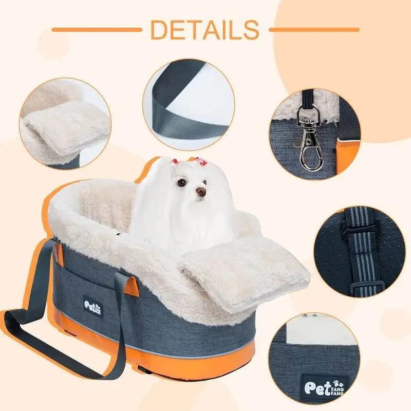 Center console car seat for pets, featuring soft velvet lining and adjustable straps, ideal for dogs and cats under 5kg.