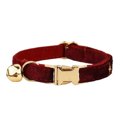 Soft adjustable cat collar with bell and gold buckle, personalized option available.