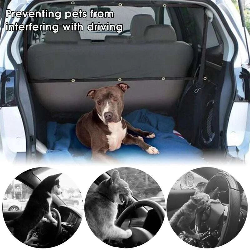 Pet back seat mesh barrier preventing pet interference while driving.