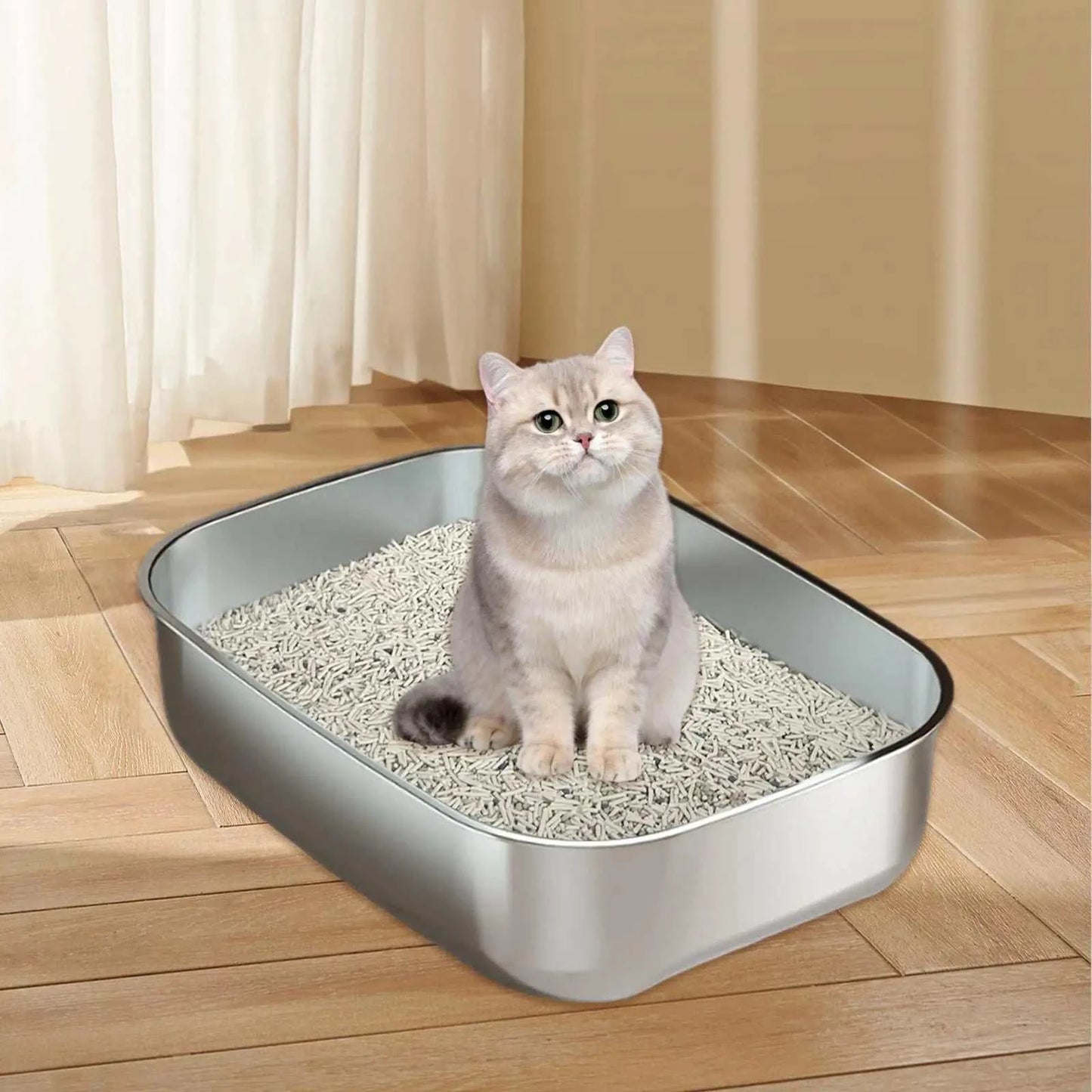 Stainless steel cat litter box, easy to clean, with a cat sitting inside on wooden flooring.