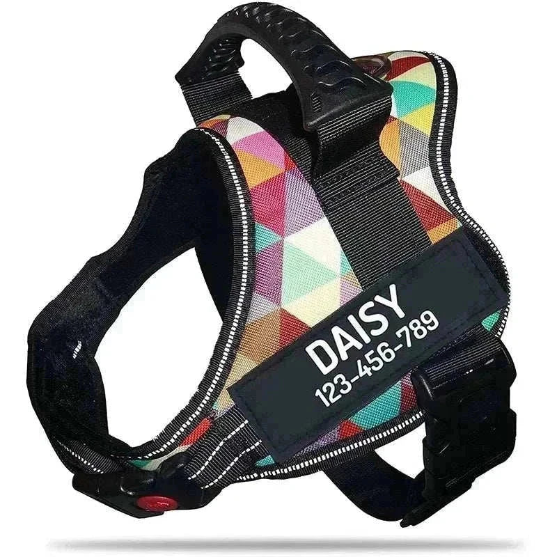 Personalised no-pull reflective dog harness with colorful geometric pattern and custom ID patch