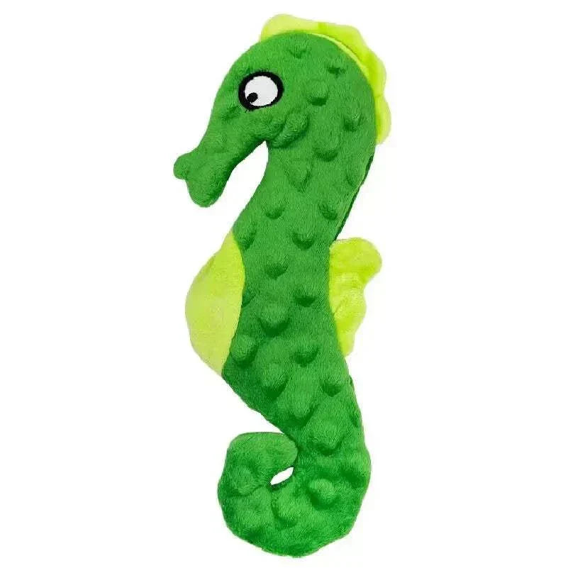 Vibrant green seahorse no stuffing squeaky crinkle dog toy, bite-resistant plush.