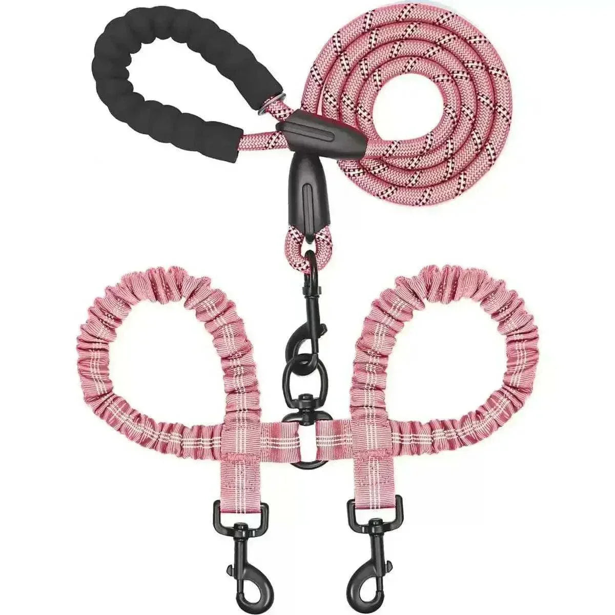 Dual bungee rope leash for walking two dogs with shock-absorbing extension and padded handles