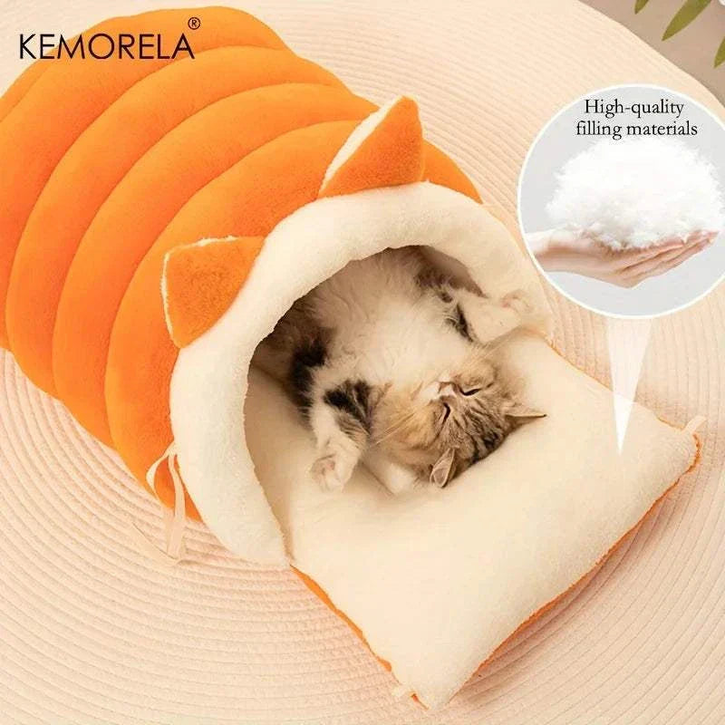 KEMORELA cat ear cat bed soft plush cat igloo tunnel style hideaway