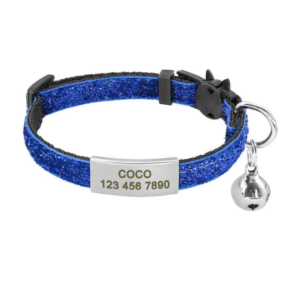 Personalised 1cm width cat collar with bell, safety breakaway design, and engraved name tag.