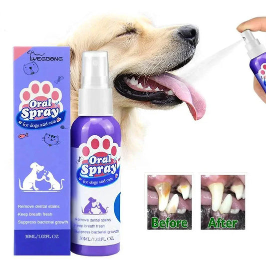 Pet Teeth Cleaning Spray for dogs and cats, freshens breath and reduces tartar, easy brush-free oral care solution.