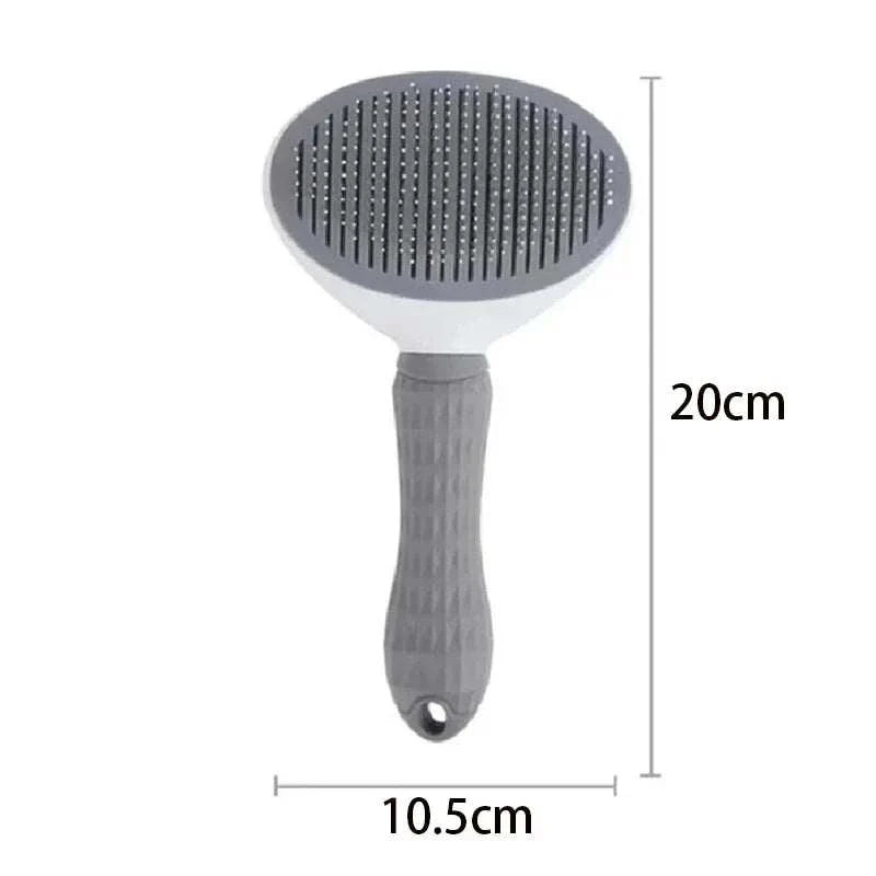 Self cleaning pet grooming tool with stainless steel bristles for cats and dogs, featuring an easy-clean handle, available in grey.