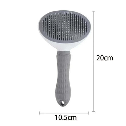 Self cleaning pet grooming tool with stainless steel bristles for cats and dogs, featuring an easy-clean handle, available in grey.
