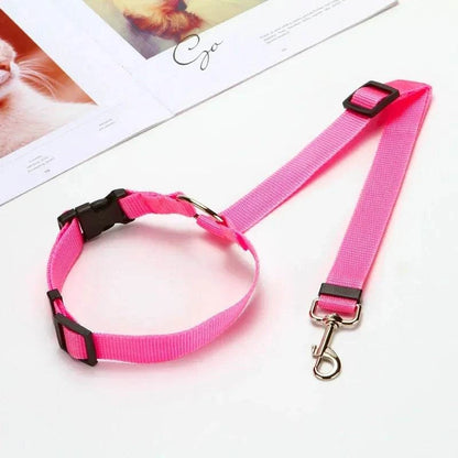 Single Dog Seat Belt Car Headrest Restraint in pink, adjustable safety belt for pet travel.