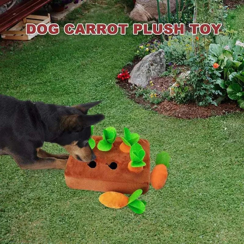 Dog playing with carrot plush snuffle mat interactive toy in garden.