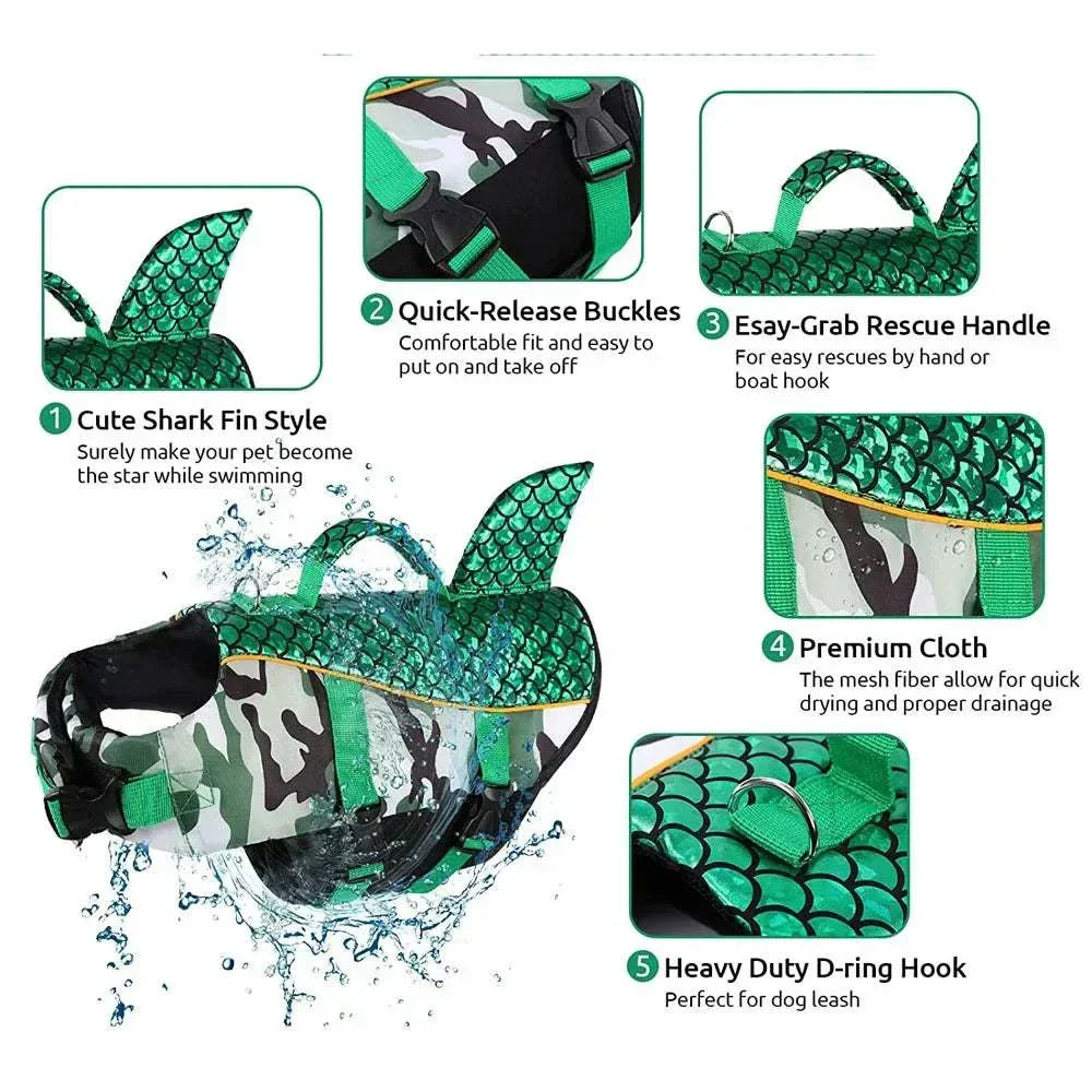Green shark fin dog life jacket with quick-release buckles, rescue handle, heavy-duty D-ring, and breathable mesh fabric, designed for pet safety and comfort.