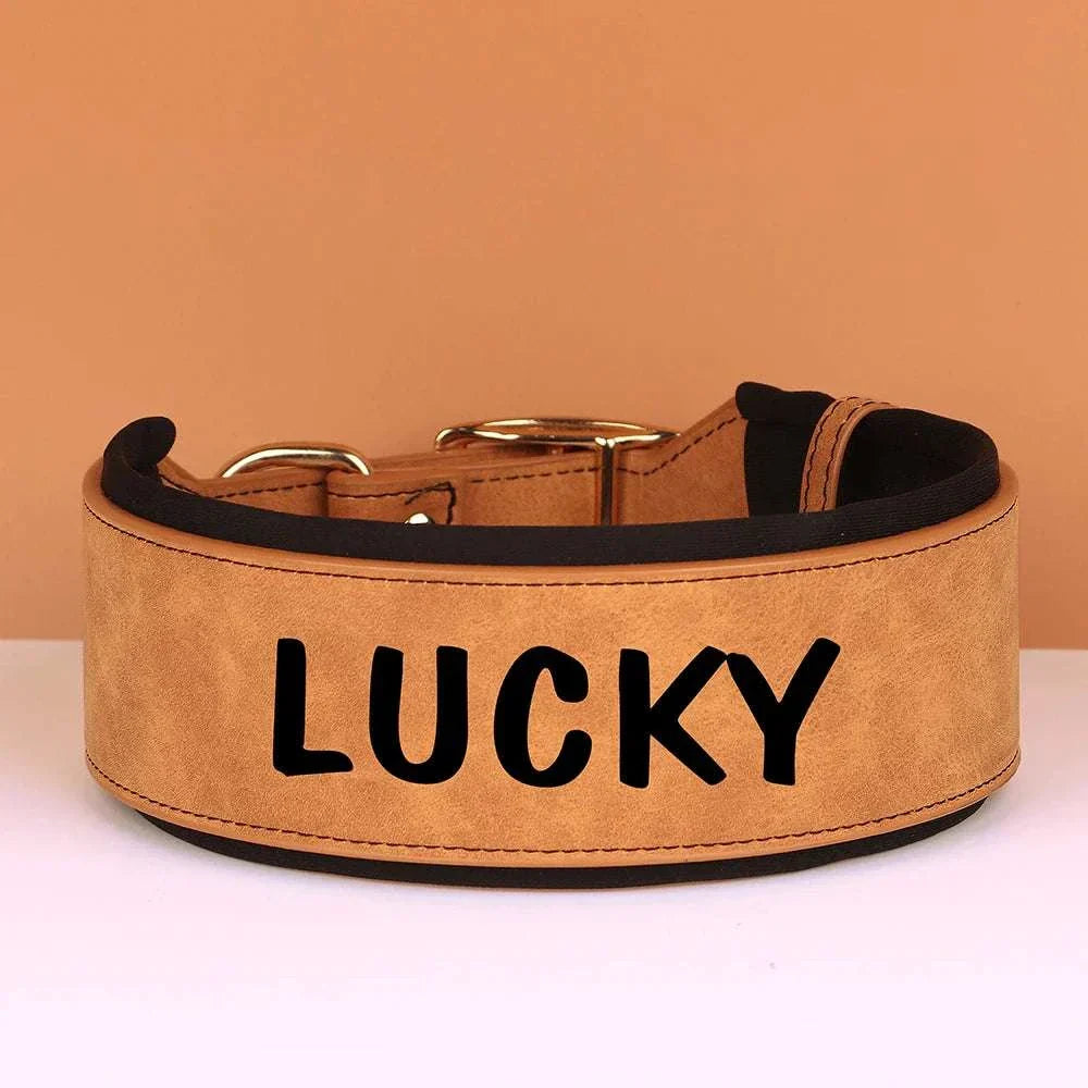 Customised wide dog collar in soft PU leather for medium to large breeds, featuring personalized text.